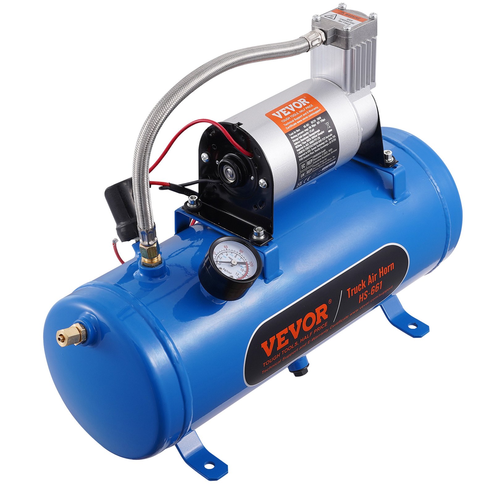Compresor de aire VEVOR azul de 12 V con manómetro, manguera metálica y soportes de montaje.