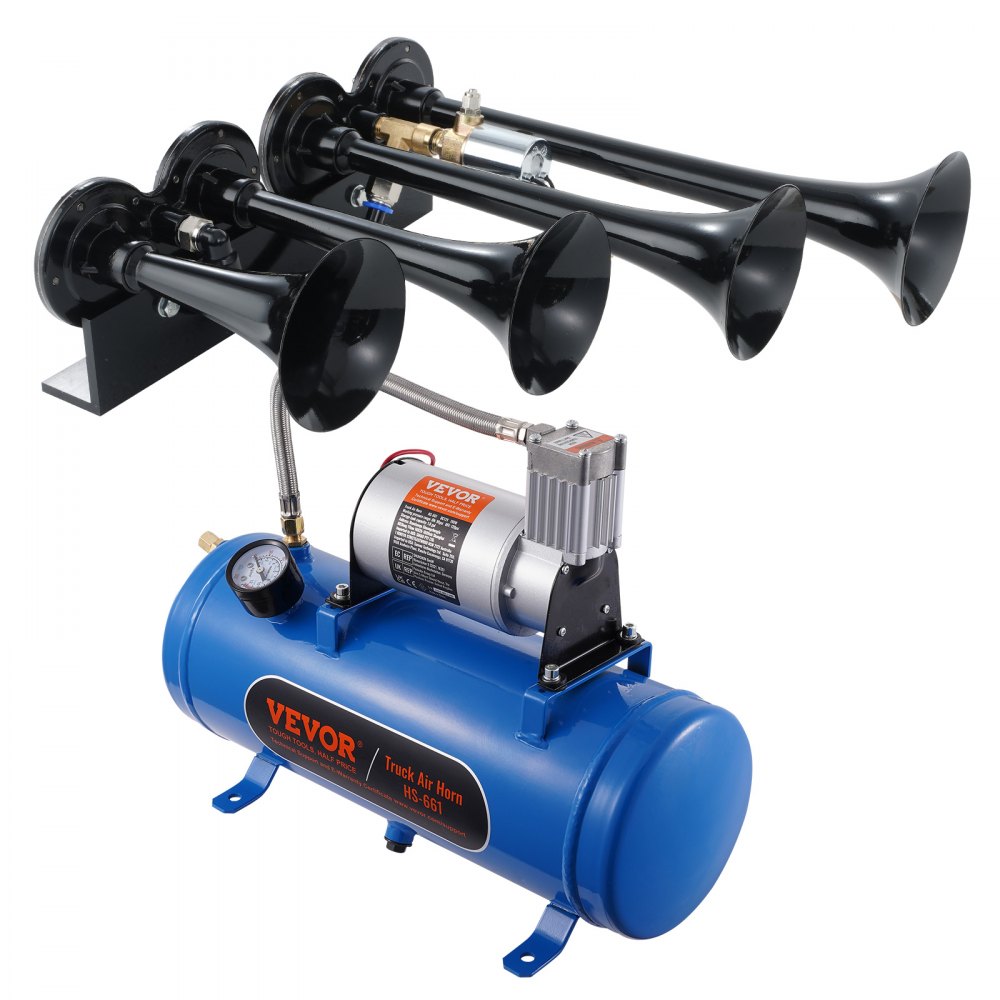 Kit de bocina de tren VEVOR con cuatro bocinas negras y un tanque compresor de aire azul para vehículos.