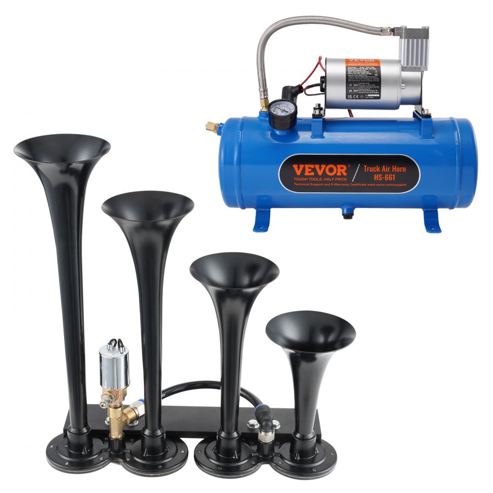 Kit de bocina de tren VEVOR con 4 trompetas negras y tanque compresor de aire azul.