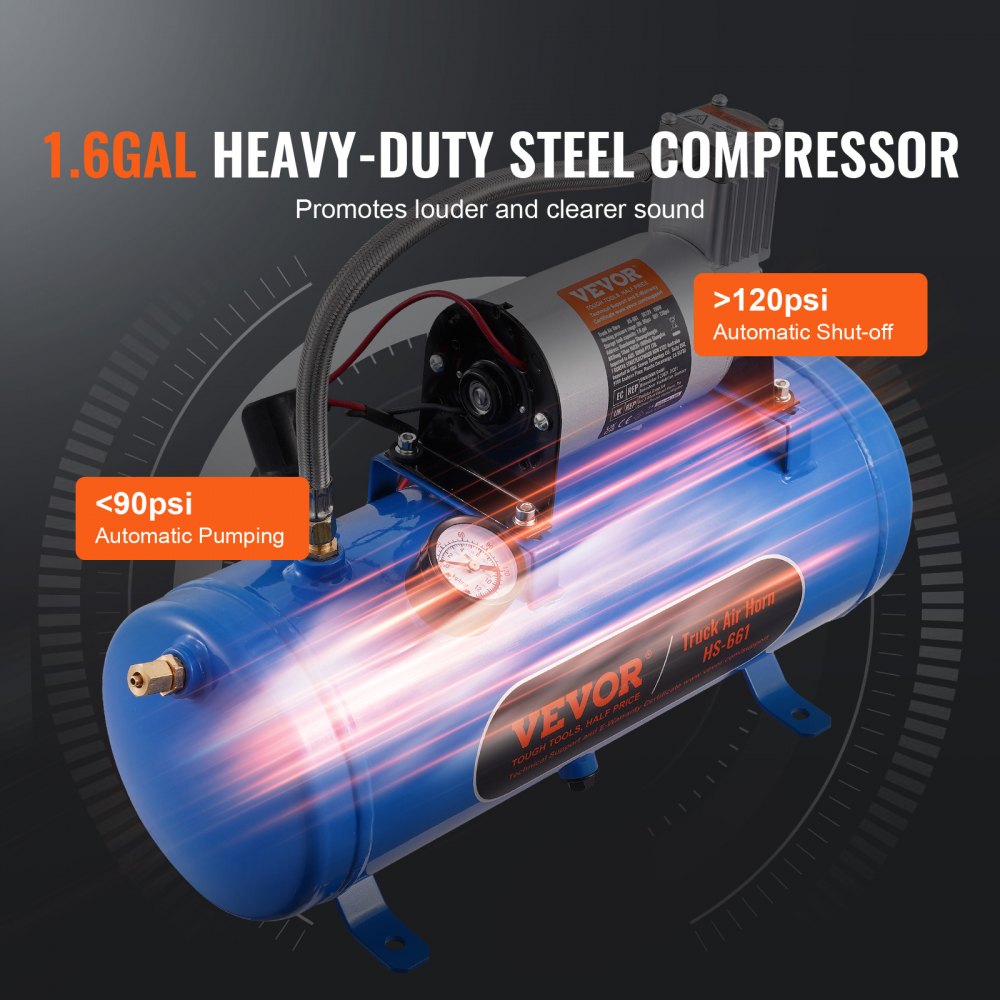 Kit de bocinas de tren VEVOR, bocina de aire de 4 trompetas, bocinas de tren de 150 dB para camionetas, compresor de aire de 12 V y 120 psi, tanque de 1,6 galones/6 L con indicador para cualquier vehículo de 12 V, coche, camión, tren, furgoneta, barco