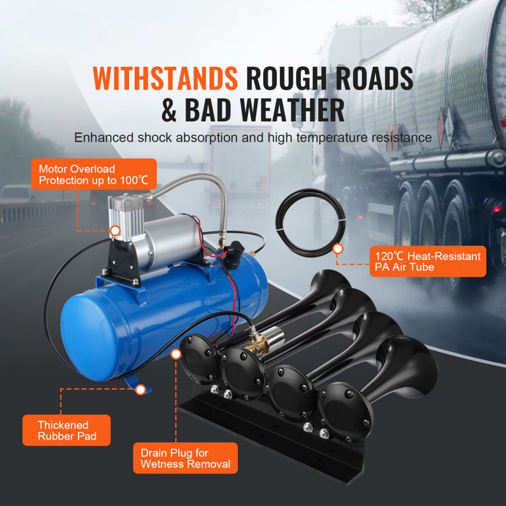 Kit de bocinas de tren VEVOR, bocina de aire de 4 trompetas, bocinas de tren de 150 dB para camionetas, compresor de aire de 12 V y 120 psi, tanque de 1,6 galones/6 L con indicador para cualquier vehículo de 12 V, coche, camión, tren, furgoneta, barco