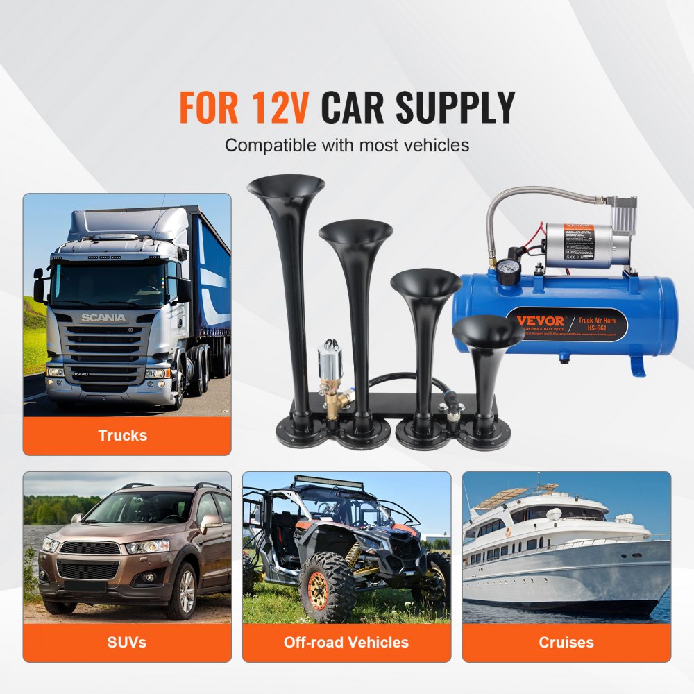 Kit de bocinas de tren VEVOR, bocina de aire de 4 trompetas, bocinas de tren de 150 dB para camionetas, compresor de aire de 12 V y 120 psi, tanque de 1,6 galones/6 L con indicador para cualquier vehículo de 12 V, coche, camión, tren, furgoneta, barco