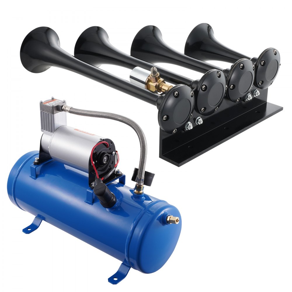 Kit de bocinas de tren VEVOR, bocina de aire de 4 trompetas, bocinas de tren de 150 dB para camionetas, compresor de aire de 12 V y 120 psi, tanque de 1,6 galones/6 L con indicador para cualquier vehículo de 12 V, coche, camión, tren, furgoneta, barco