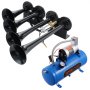 Kit de bocina de tren VEVOR con cuatro bocinas negras y compresor de aire azul con manómetro y motor plateado.