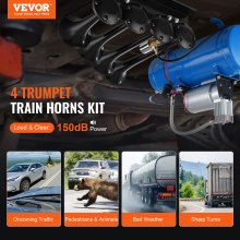 VEVOR Kit de bocinas de tren, kit de 4 bocinas de aire de trompeta, bocinas de tren de 150 dB para camionetas, compresor de aire de 12 V, 120 psi, tanque de 1,6 gal/6 L con indicador para cualquier vehículo de 12 V, coche, camión, tren, furgoneta, barco