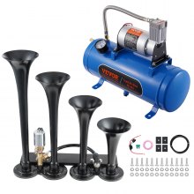 VEVOR Kit de bocinas de tren, kit de 4 bocinas de aire de trompeta, bocinas de tren de 150 dB para camionetas, compresor de aire de 12 V, 120 psi, tanque de 1,6 gal/6 L con indicador para cualquier vehículo de 12 V, coche, camión, tren, furgoneta, barco