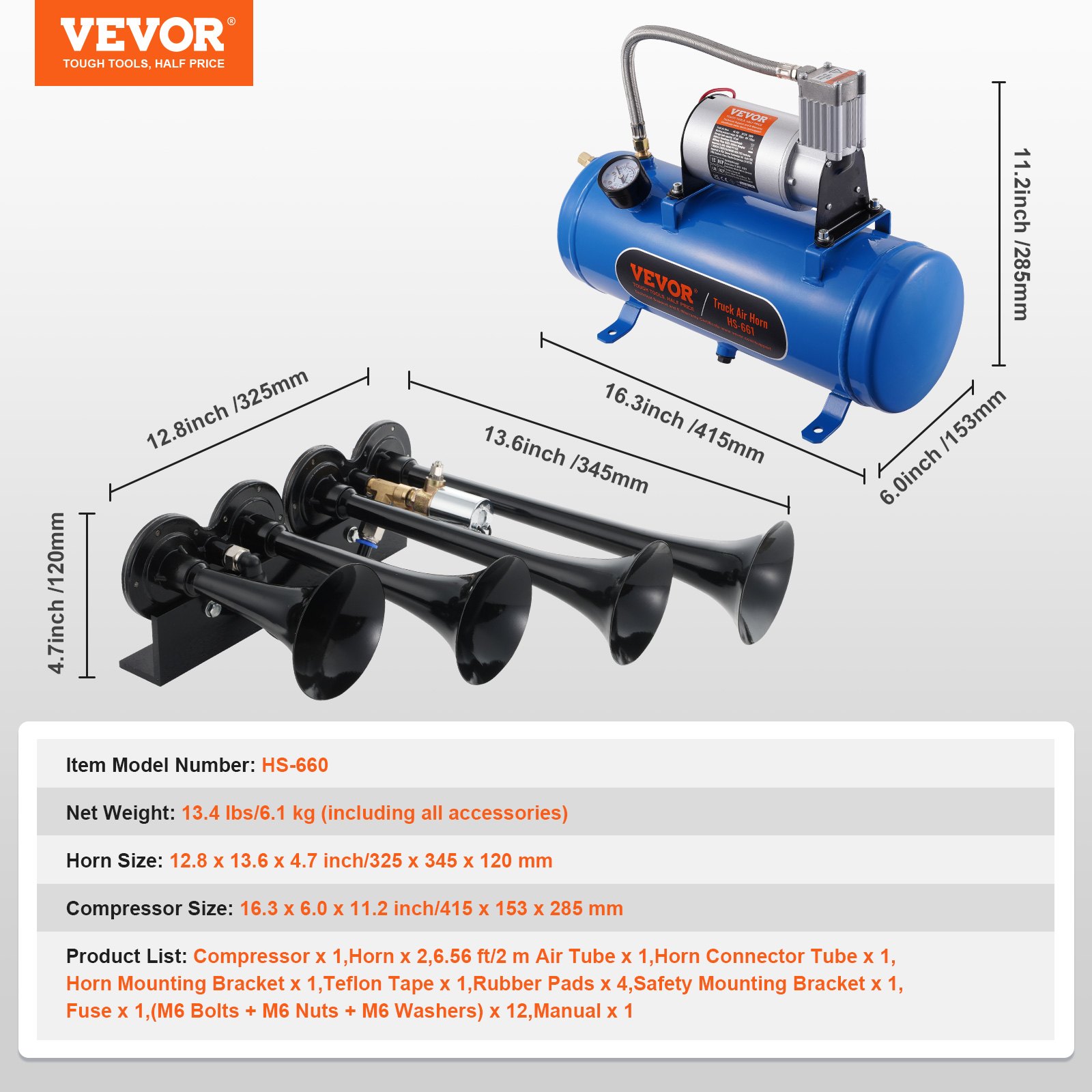 Kit de bocina de tren VEVOR con compresor y bocina de aire triple, detalles del producto y medidas incluidas.
