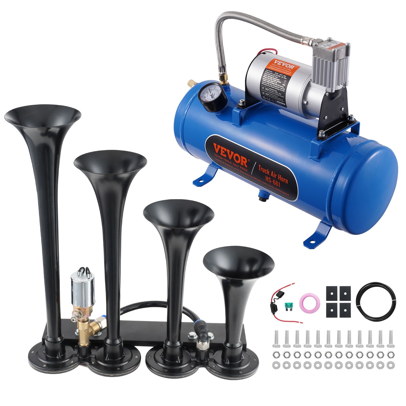 Kit de bocina de tren VEVOR con cuatro trompetas negras, compresor de aire azul y accesorios de instalación.