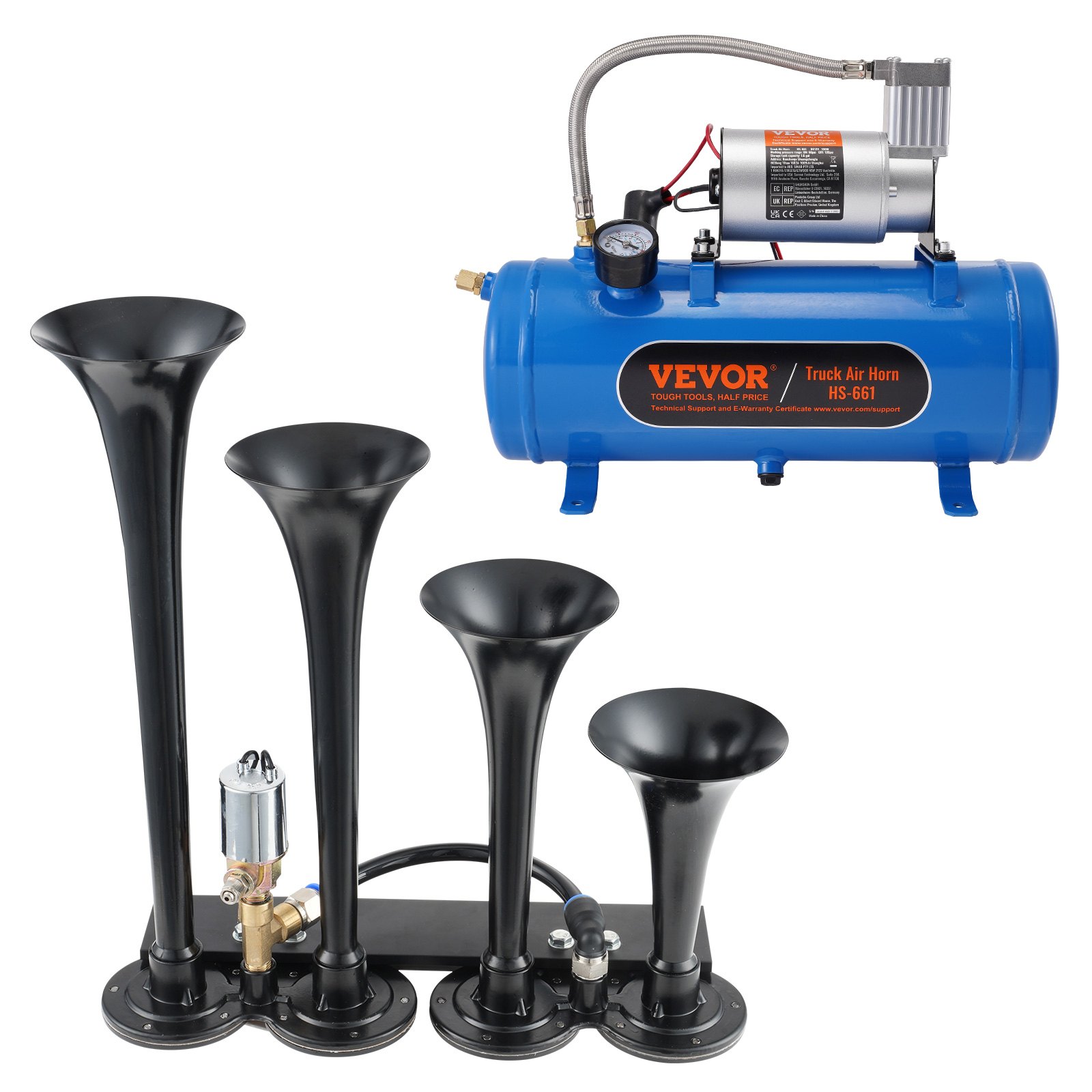 Kit de bocina de tren VEVOR con 4 trompetas negras y tanque compresor de aire azul.