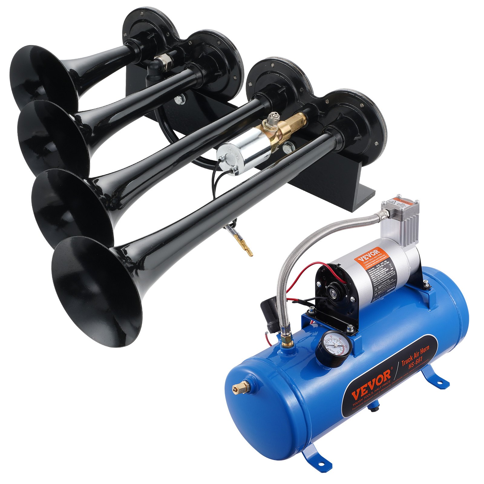 Kit de bocina de tren VEVOR con cuatro bocinas negras y compresor de aire azul con manómetro y motor plateado.