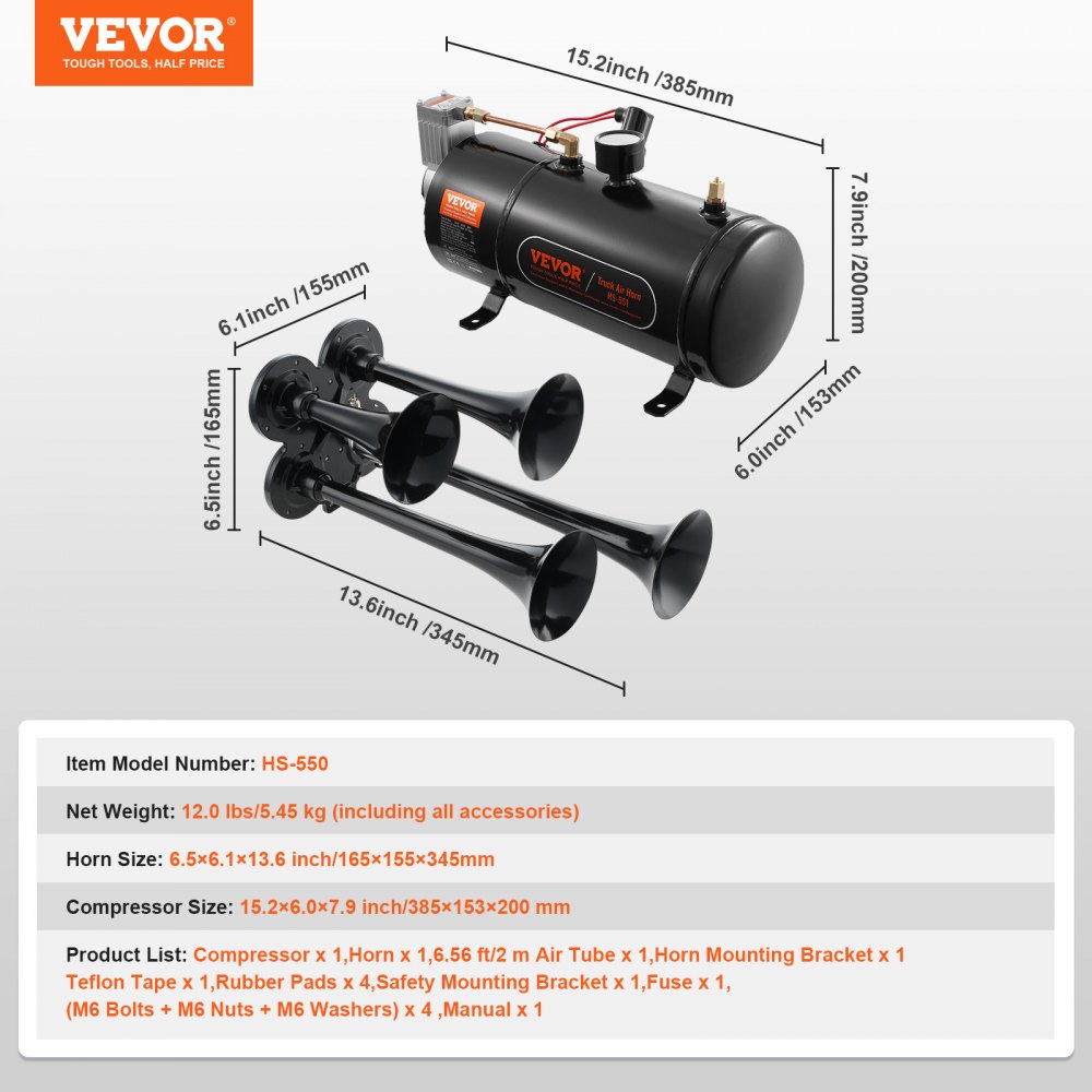 Kit de bocinas de tren VEVOR, bocina de aire de 4 trompetas, bocinas de tren de 150 dB para camionetas, compresor de aire de 12 V y 120 psi, tanque de 0,8 galones/3 L con indicador para cualquier vehículo de 12 V, coche, camión, tren, furgoneta, barco
