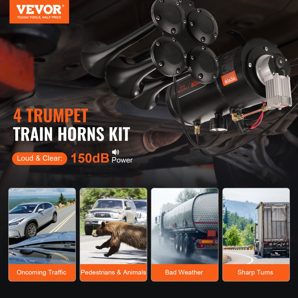 Kit de bocinas de tren VEVOR, bocina de aire de 4 trompetas, bocinas de tren de 150 dB para camionetas, compresor de aire de 12 V y 120 psi, tanque de 0,8 galones/3 L con indicador para cualquier vehículo de 12 V, coche, camión, tren, furgoneta, barco
