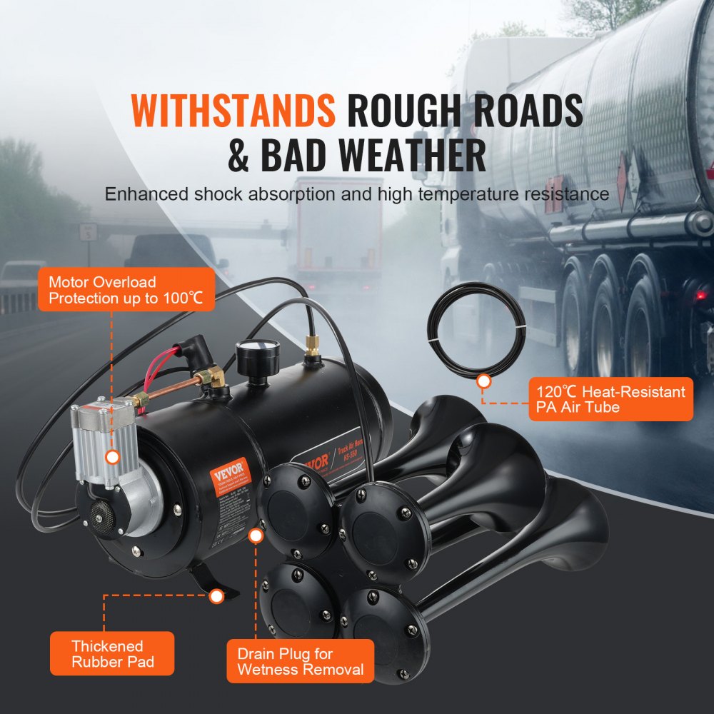 Kit de bocinas de tren VEVOR, bocina de aire de 4 trompetas, bocinas de tren de 150 dB para camionetas, compresor de aire de 12 V y 120 psi, tanque de 0,8 galones/3 L con indicador para cualquier vehículo de 12 V, coche, camión, tren, furgoneta, barco