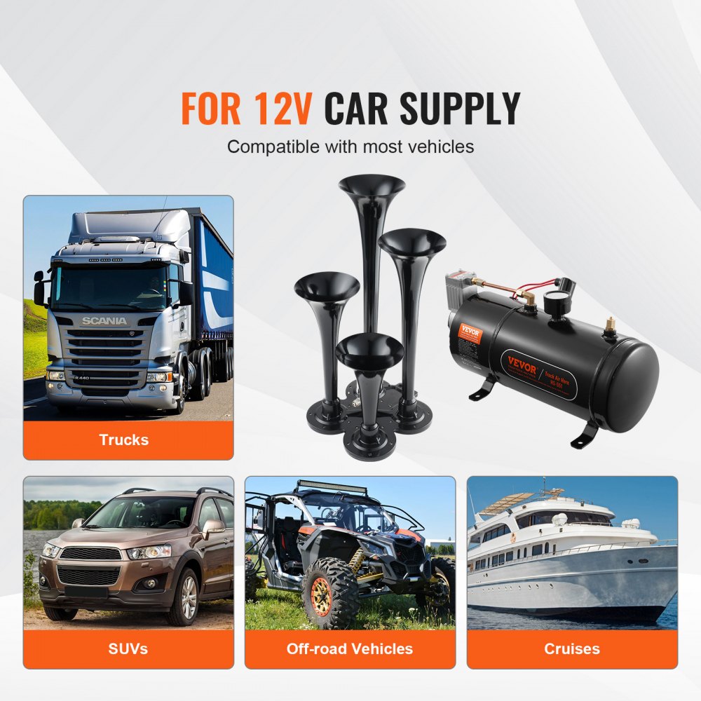 Kit de bocinas de tren VEVOR, bocina de aire de 4 trompetas, bocinas de tren de 150 dB para camionetas, compresor de aire de 12 V y 120 psi, tanque de 0,8 galones/3 L con indicador para cualquier vehículo de 12 V, coche, camión, tren, furgoneta, barco