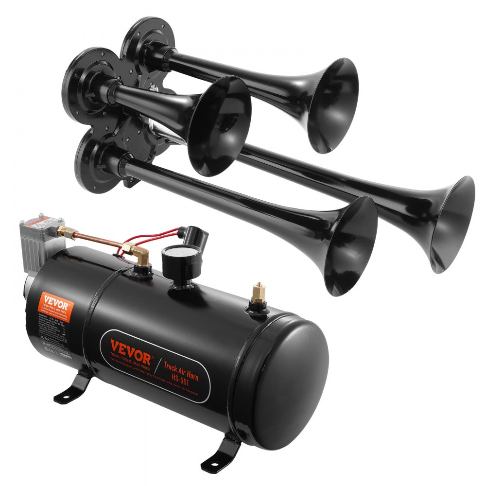 Kit de bocinas de tren VEVOR, bocina de aire de 4 trompetas, bocinas de tren de 150 dB para camionetas, compresor de aire de 12 V y 120 psi, tanque de 0,8 galones/3 L con indicador para cualquier vehículo de 12 V, coche, camión, tren, furgoneta, barco