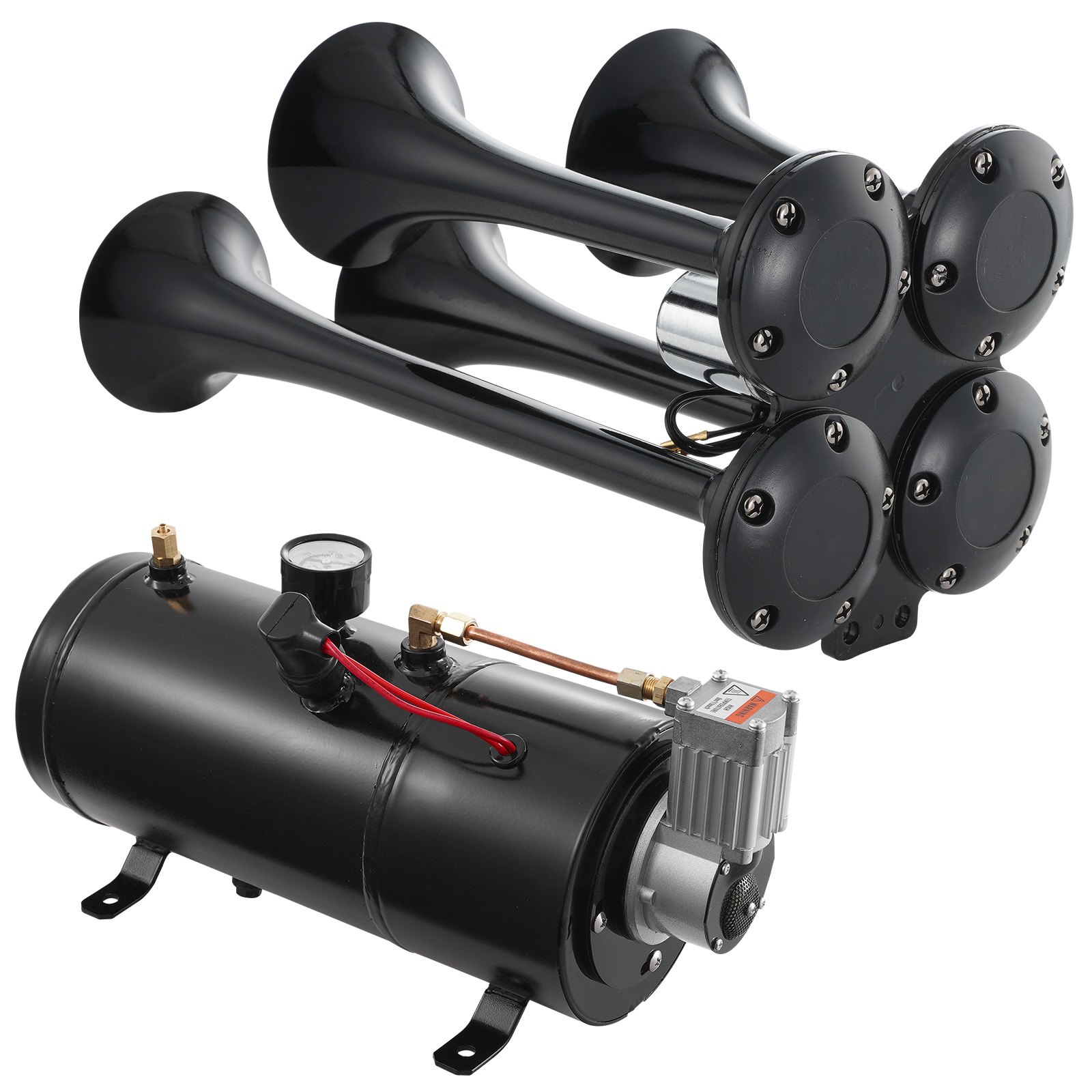 VEVOR Kit de bocinas de tren, kit de 4 bocinas de aire de trompeta, bocinas de tren de 150 dB para camionetas, compresor de aire de 12 V, 120 psi, tanque de 0,8 gal/3 L con indicador para cualquier vehículo de 12 V, coche, camión, tren, furgoneta, barco