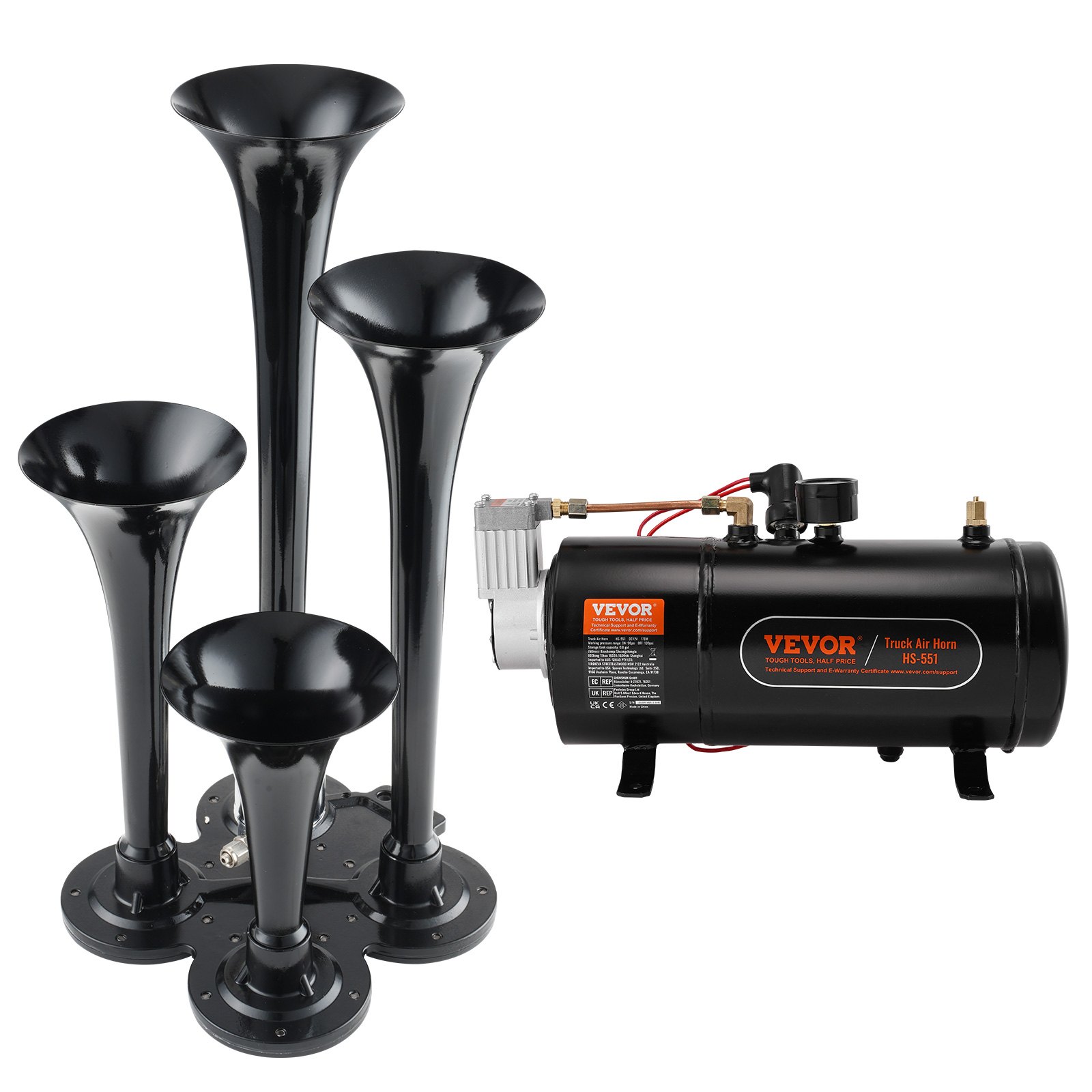 VEVOR Kit de bocinas de tren, kit de 4 bocinas de aire de trompeta, bocinas de tren de 150 dB para camionetas, compresor de aire de 12 V, 120 psi, tanque de 0,8 gal/3 L con indicador para cualquier vehículo de 12 V, coche, camión, tren, furgoneta, barco