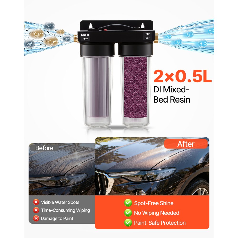 VEVOR Sistema de Agua Desionizada con Resina de 2 x 5 L Cambio de Color, Sistema de Lavado de Coche, Desionizador de Agua para Sistema de Lavado Impecable, para Autos, Casas Rodantes, Ventanas