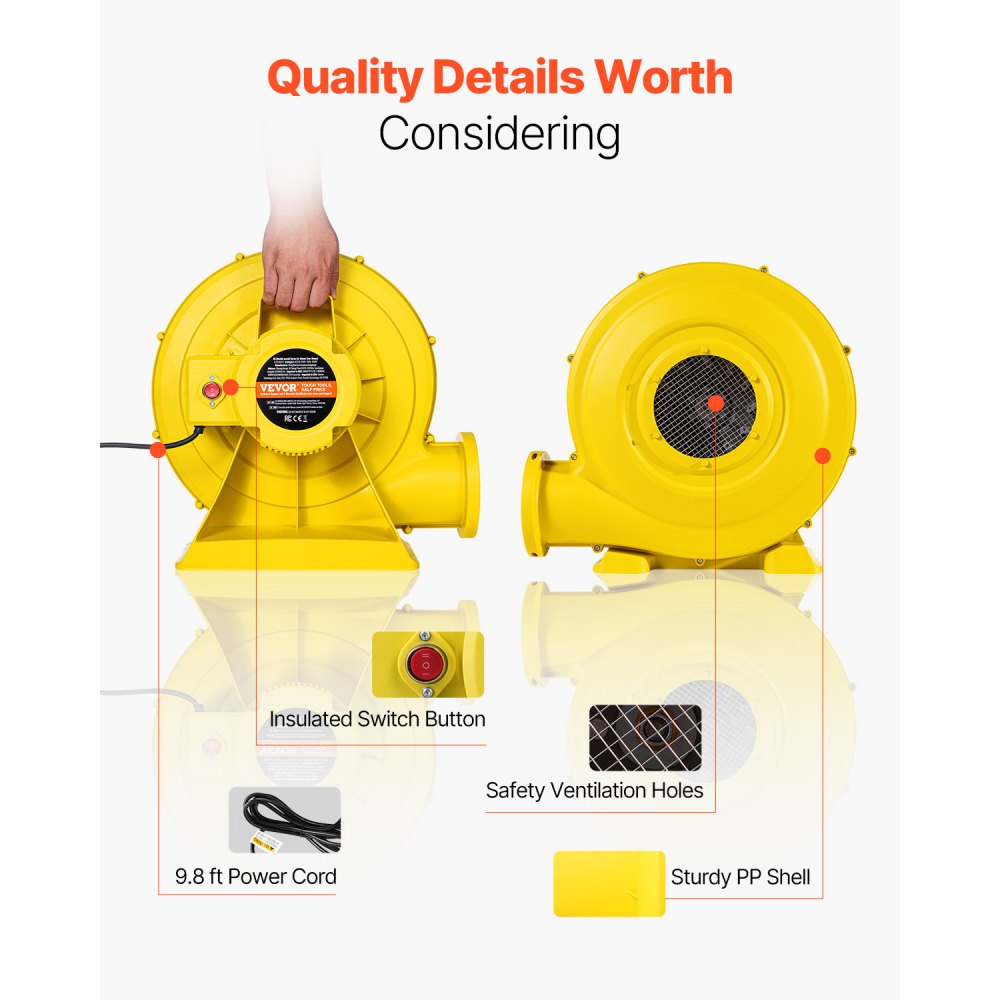 VEVOR - Soplador de aire eléctrico para castillos inflables (750 W y 950 W, 1,3 HP), color amarillo