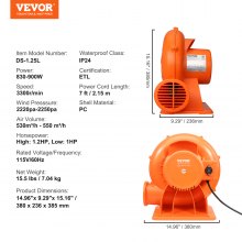 Soplador inflable VEVOR, 950 W, 1 y 1,2 HP, soplador de aire comercial para inflables, ventilador eléctrico de castillo hinchable de 3300 RPM, perfecto para casa de rebote, toboganes acuáticos, lista ETL
