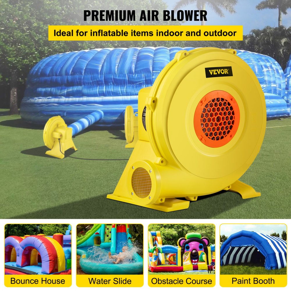 Soplador de aire VEVOR, soplador inflable de 750 W 1HP, soplador de casa de rebote portátil y potente, ventilador de bomba de soplador de aire comercial de 2000 Pa, utilizado para castillo hinchable y toboganes de salto, amarillo