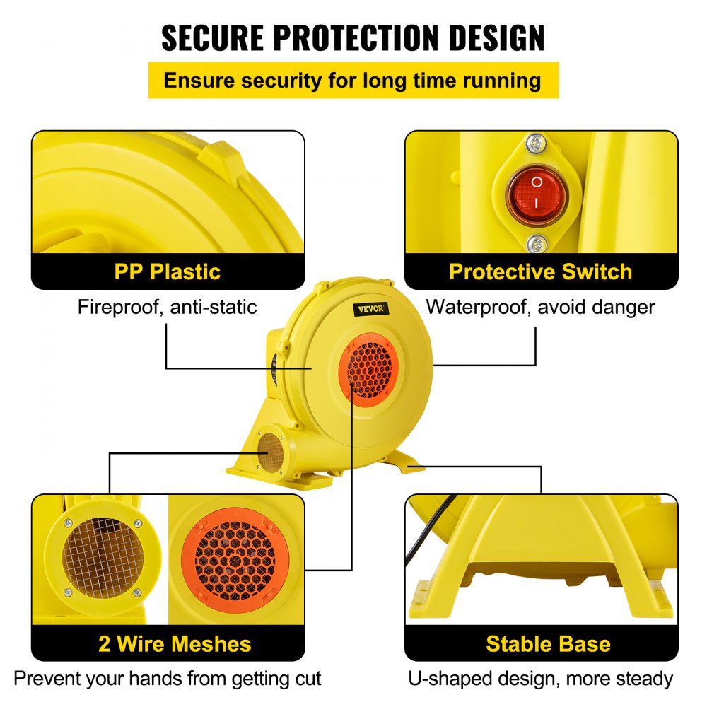 Soplador de aire VEVOR, soplador inflable de 750 W 1HP, soplador de casa de rebote portátil y potente, ventilador de bomba de soplador de aire comercial de 2000 Pa, utilizado para castillo hinchable y toboganes de salto, amarillo