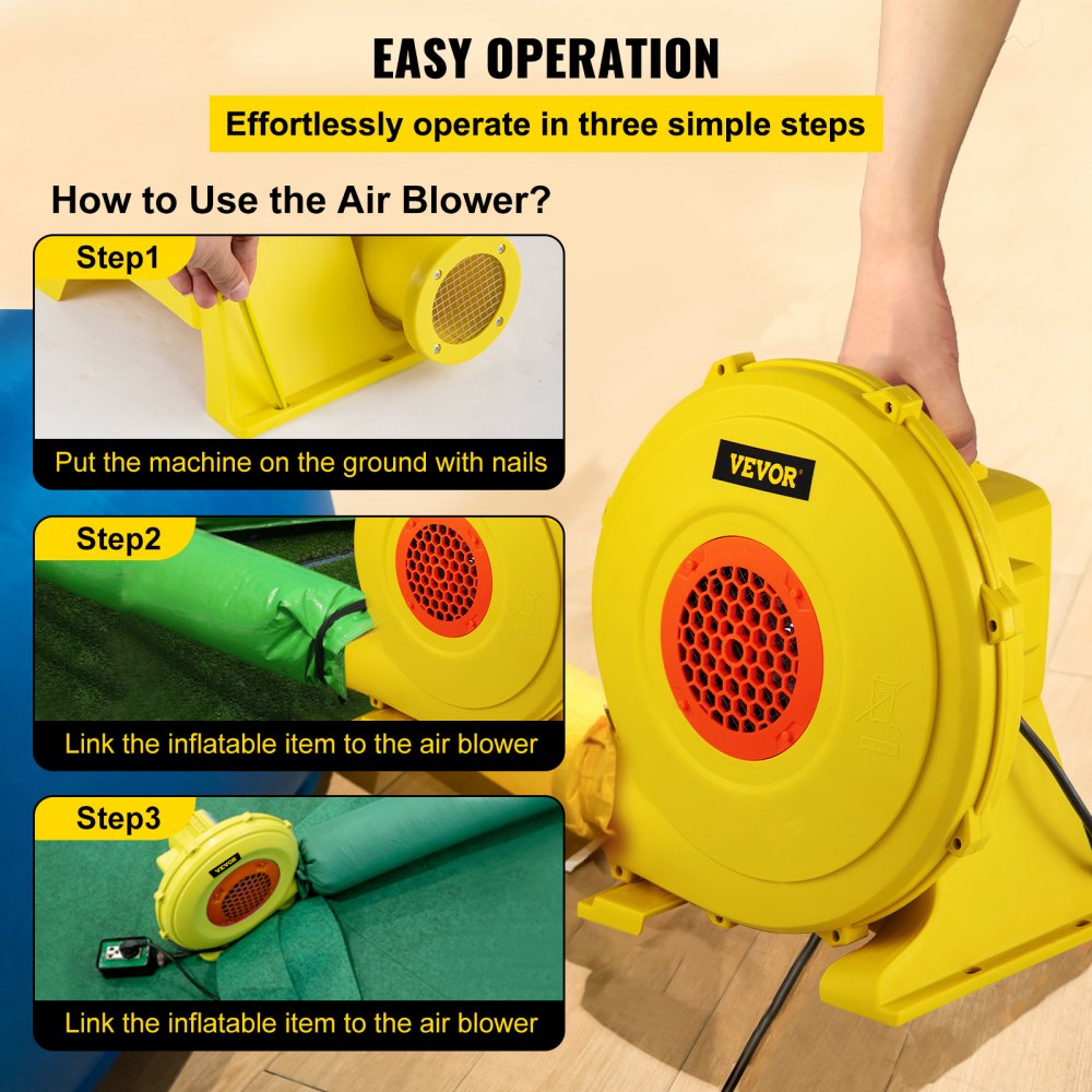 Soplador de aire VEVOR, soplador inflable de 750 W 1HP, soplador de casa de rebote portátil y potente, ventilador de bomba de soplador de aire comercial de 2000 Pa, utilizado para castillo hinchable y toboganes de salto, amarillo