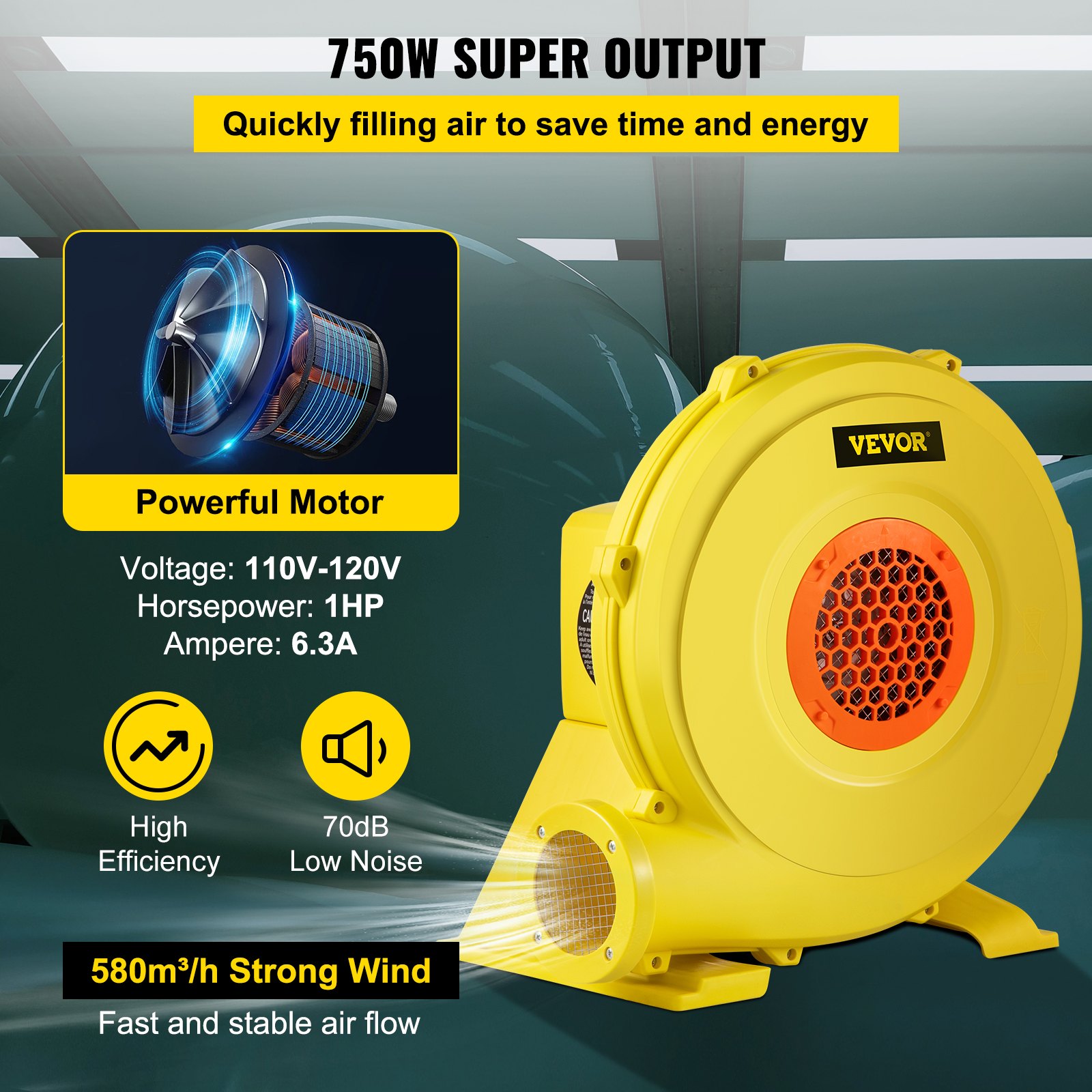 Soplador de aire VEVOR, soplador inflable de 750 W 1HP, soplador de casa de rebote portátil y potente, ventilador de bomba de soplador de aire comercial de 2000 Pa, utilizado para castillo hinchable y toboganes de salto, amarillo