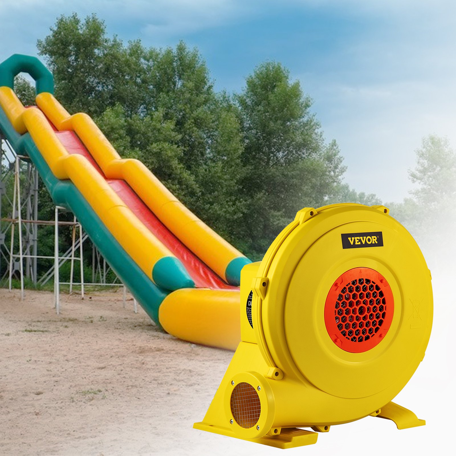 Soplador de aire VEVOR, soplador inflable de 750 W 1HP, soplador de casa de rebote portátil y potente, ventilador de bomba de soplador de aire comercial de 2000 Pa, utilizado para castillo hinchable y toboganes de salto, amarillo