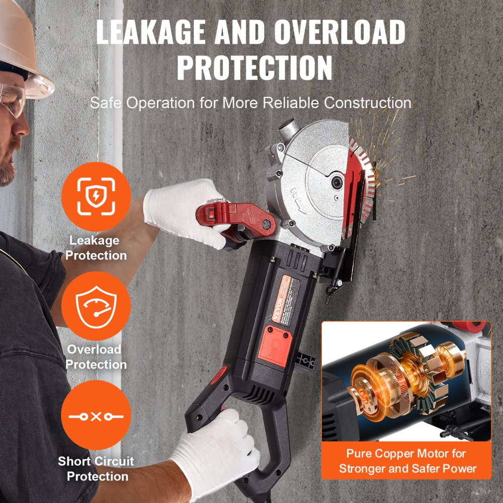 Rozadora de muros VEVOR, 2500 W, ancho de corte de 38 mm/1,5", profundidad de corte de 52 mm/2", ranuradora de muros con 5 hojas de sierra de 6,3" de diámetro, 6300 r/min, conformado único sin polvo