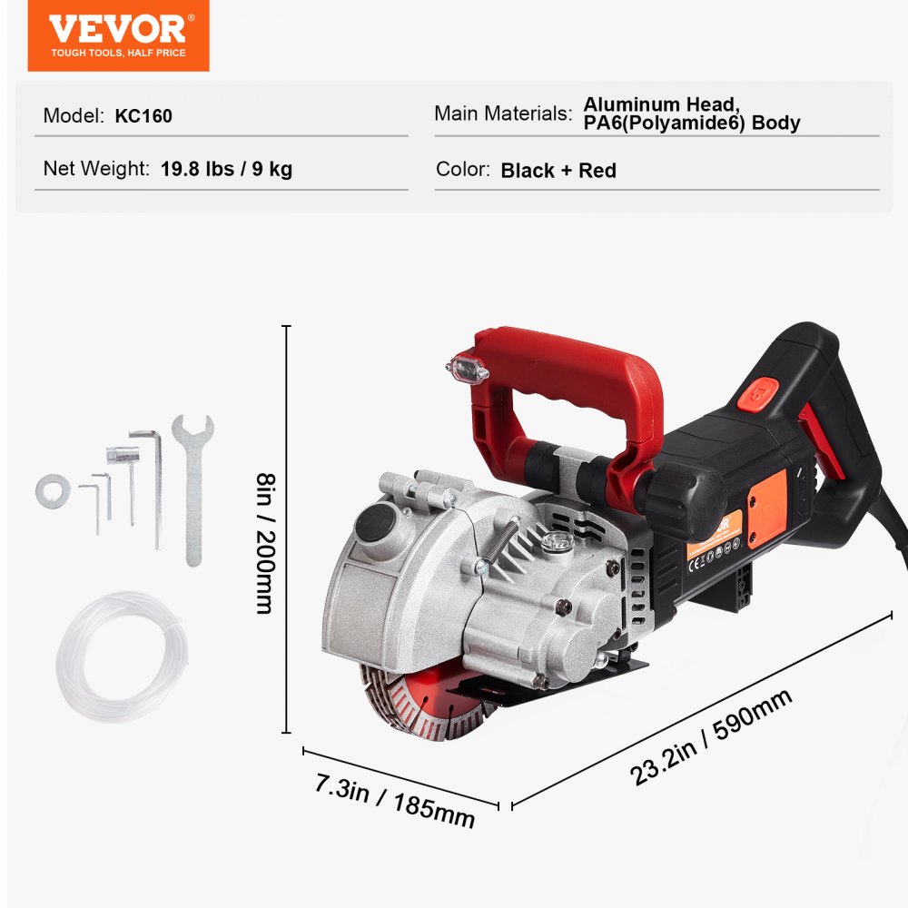 Rozadora de muros VEVOR, 2500 W, ancho de corte de 38 mm/1,5", profundidad de corte de 52 mm/2", ranuradora de muros con 5 hojas de sierra de 6,3" de diámetro, 6300 r/min, conformado único sin polvo