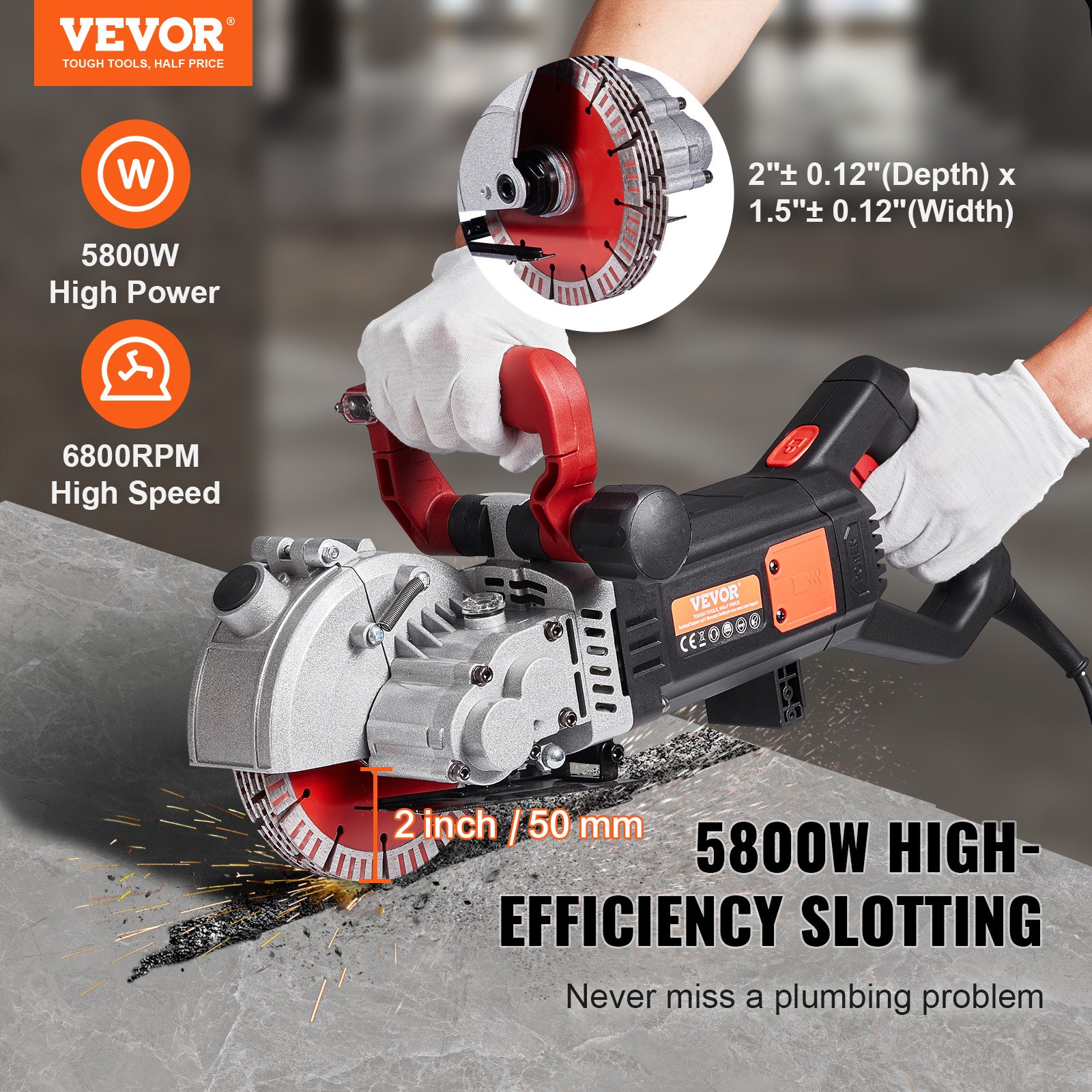 Rozadora de muros VEVOR, 2500 W, ancho de corte de 38 mm/1,5", profundidad de corte de 52 mm/2", ranuradora de muros con 5 hojas de sierra de 6,3" de diámetro, 6300 r/min, conformado único sin polvo