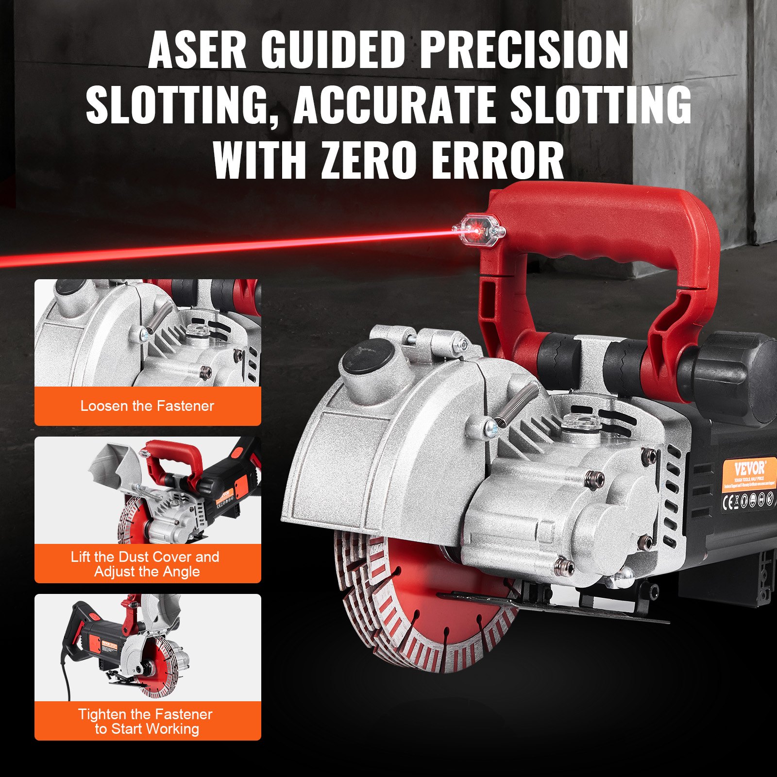 Rozadora de muros VEVOR, 2500 W, ancho de corte de 38 mm/1,5", profundidad de corte de 52 mm/2", ranuradora de muros con 5 hojas de sierra de 6,3" de diámetro, 6300 r/min, conformado único sin polvo
