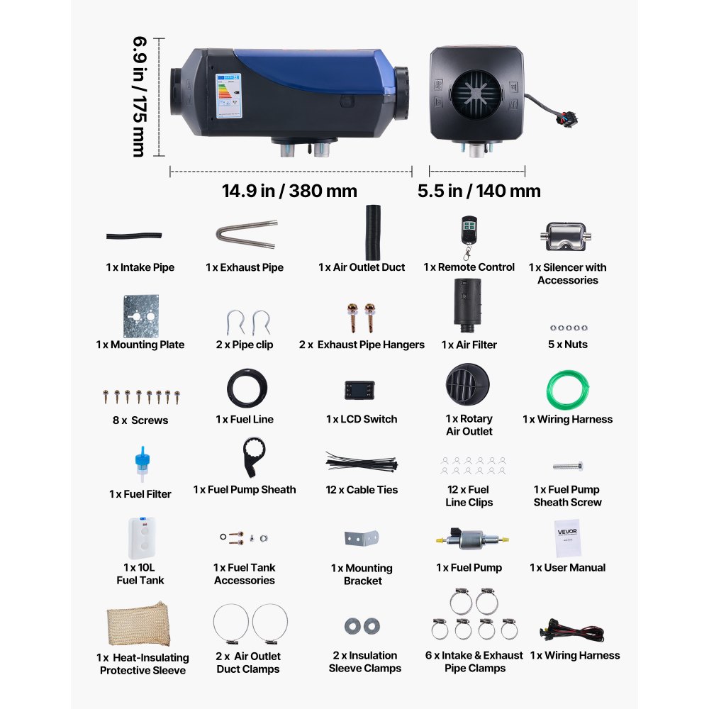 Calefactor diésel VEVOR, 8 kW, 12 V/24 V CC, calefactor de aire diésel portátil con control remoto y pantalla LCD, calentamiento rápido y silencioso, depósito de combustible de 2,6 galones para vehículos, furgonetas, autocaravanas, caravanas y camiones.