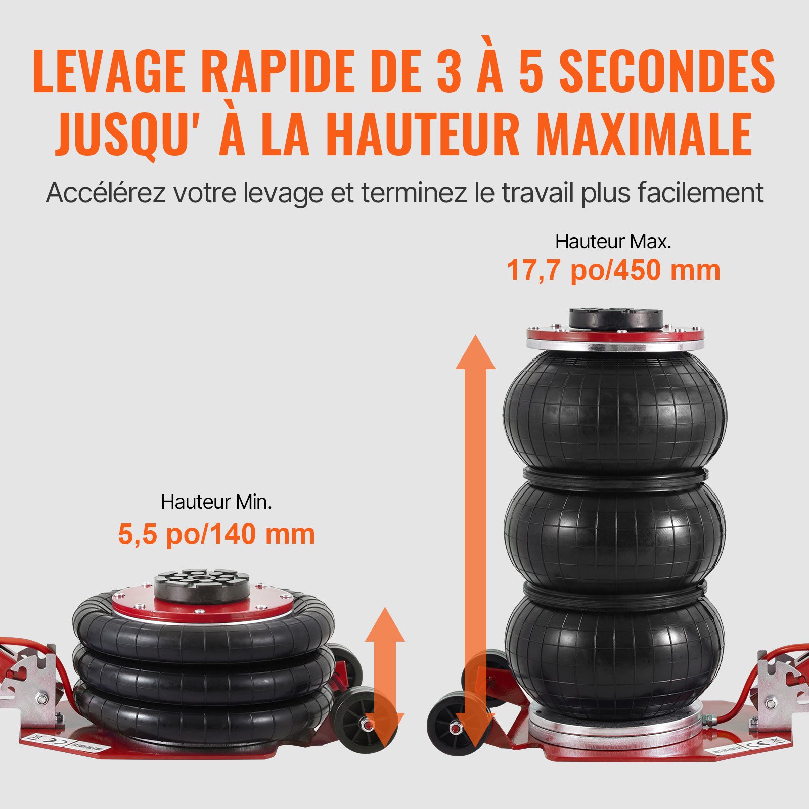 VEVOR Air Jack, 3 Ton/6600 lbs Triple Bag Air Jack, Airbag Jack con seis tubos de acero, levanta hasta 17.7", 3-5 s Gato neumático de elevación rápida, con mango largo ajustable para automóviles, garajes, reparación (rojo)