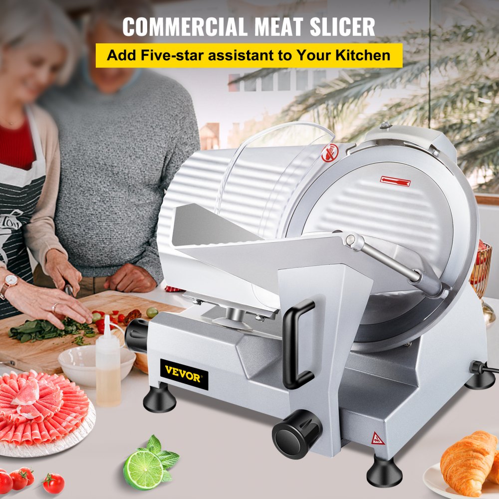 VEVOR Cortadora de carne comercial, cortadora de carne eléctrica de 12 pulgadas, semiautomática, hoja de acero al carbono premium de 420 W, grosor ajustable, cortadora de alimentos para queso y carne Deli Comercial y para uso doméstico,Plateado