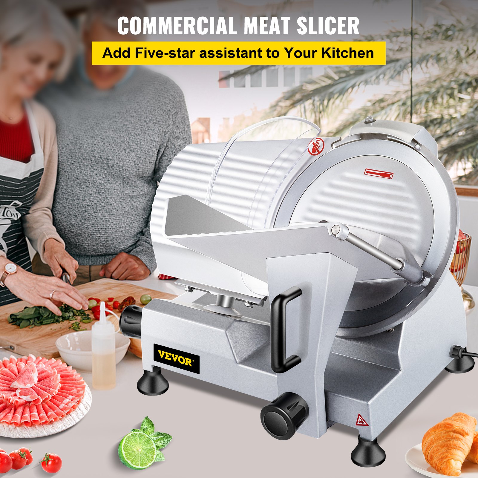 VEVOR Cortadora de carne comercial, cortadora de carne eléctrica de 12 pulgadas, semiautomática, hoja de acero al carbono premium de 420 W, grosor ajustable, cortadora de alimentos para queso y carne Deli Comercial y para uso doméstico,Plateado