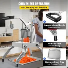 Cortador de frutas y verduras comercial VEVOR, cortador de cebolla de hoja de 1/4 pulgadas, cortador de cebolla de acero inoxidable resistente extraíble y reemplazable, cortador de tomate Kattex con bandeja, perfecto para pimienta, patata, champiñones