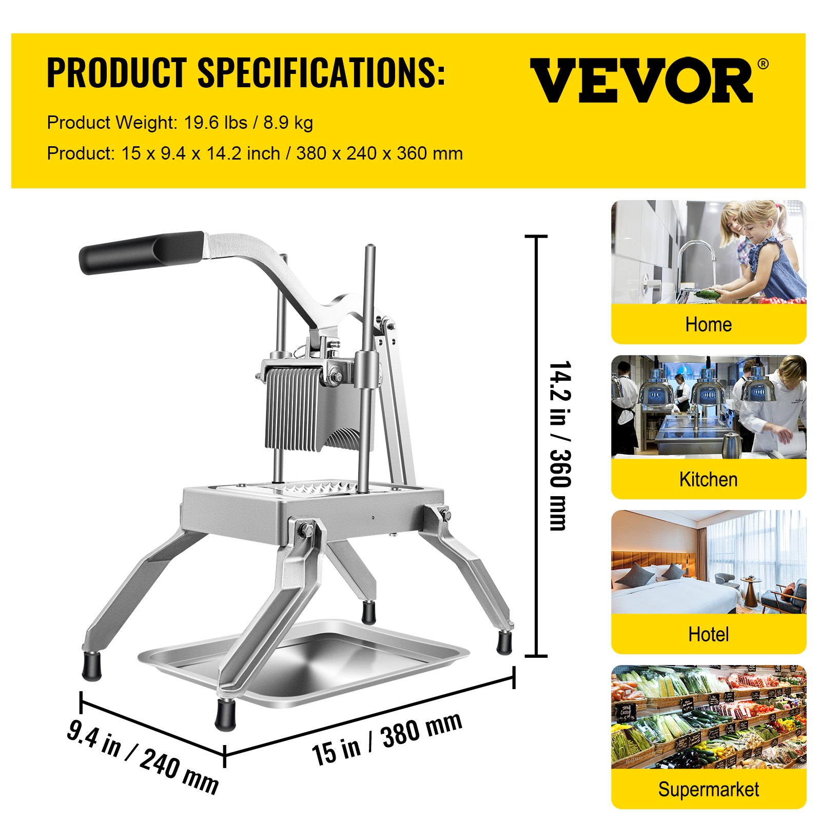 VEVOR Cortador multiusos de cebolla de 1/4" con cuchilla de acero inoxidable y bandeja.