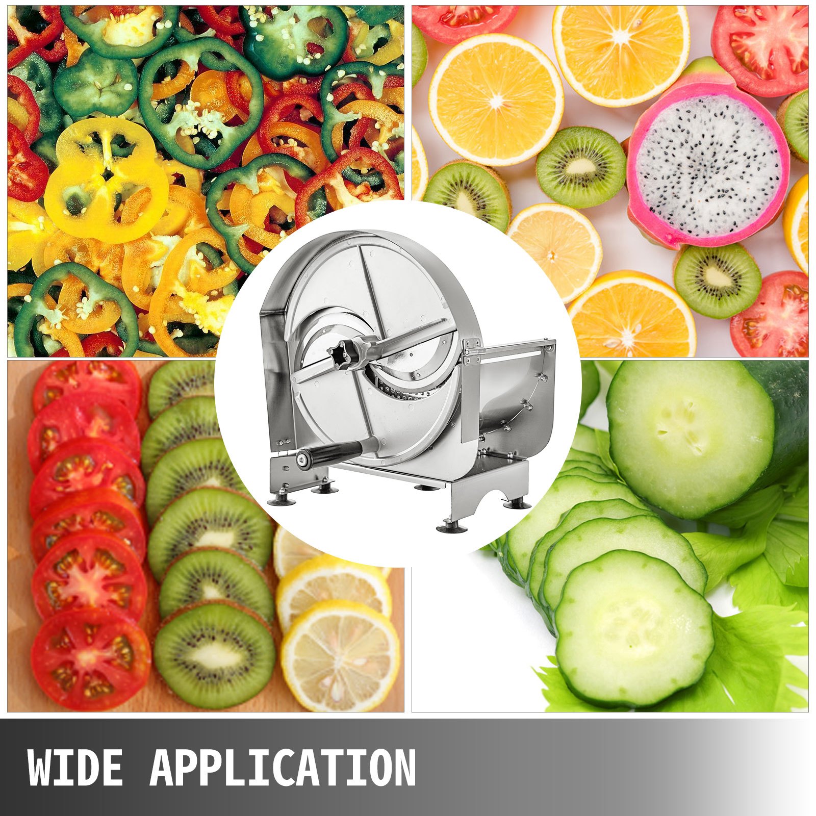 Cortadora de verduras comercial VEVOR con rodajas de pimientos, cítricos, kiwis, tomates y pepinos.