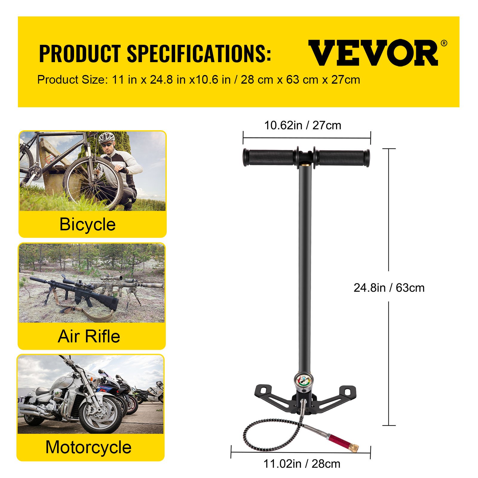 Especificaciones de la bomba de aire PCP VEVOR para bicicleta, rifle de aire y motocicleta, 28 cm x 63 cm x 27 cm.