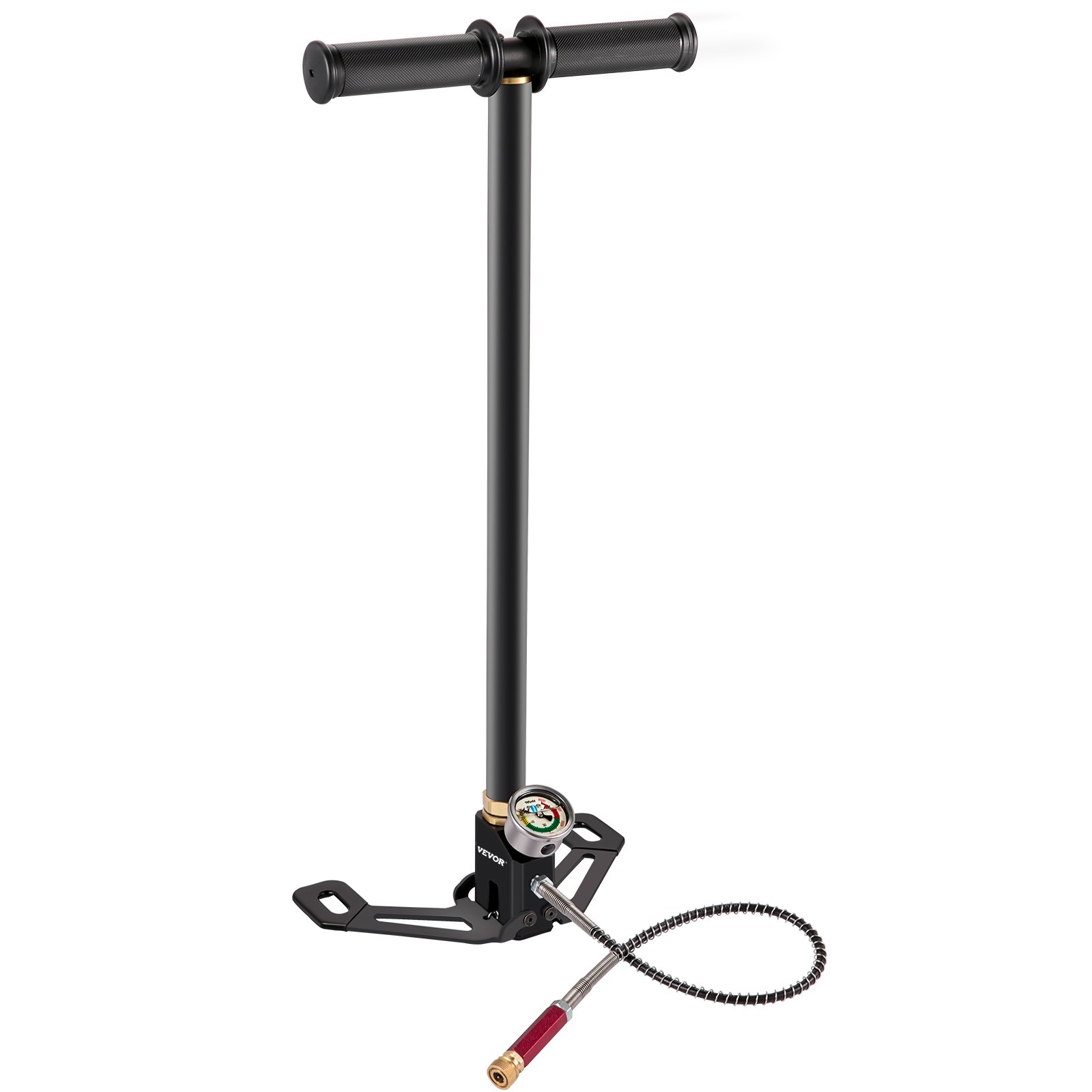 Bomba de aire PCP VEVOR con manómetro, manguera flexible y manijas ergonómicas.