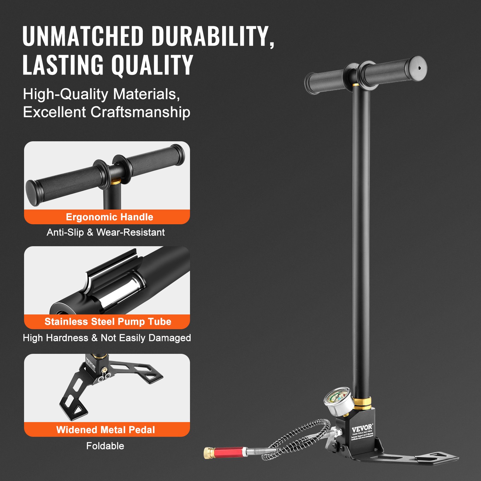 Bomba manual de alta presión VEVOR con mango ergonómico, tubo de acero inoxidable y pedal de metal.