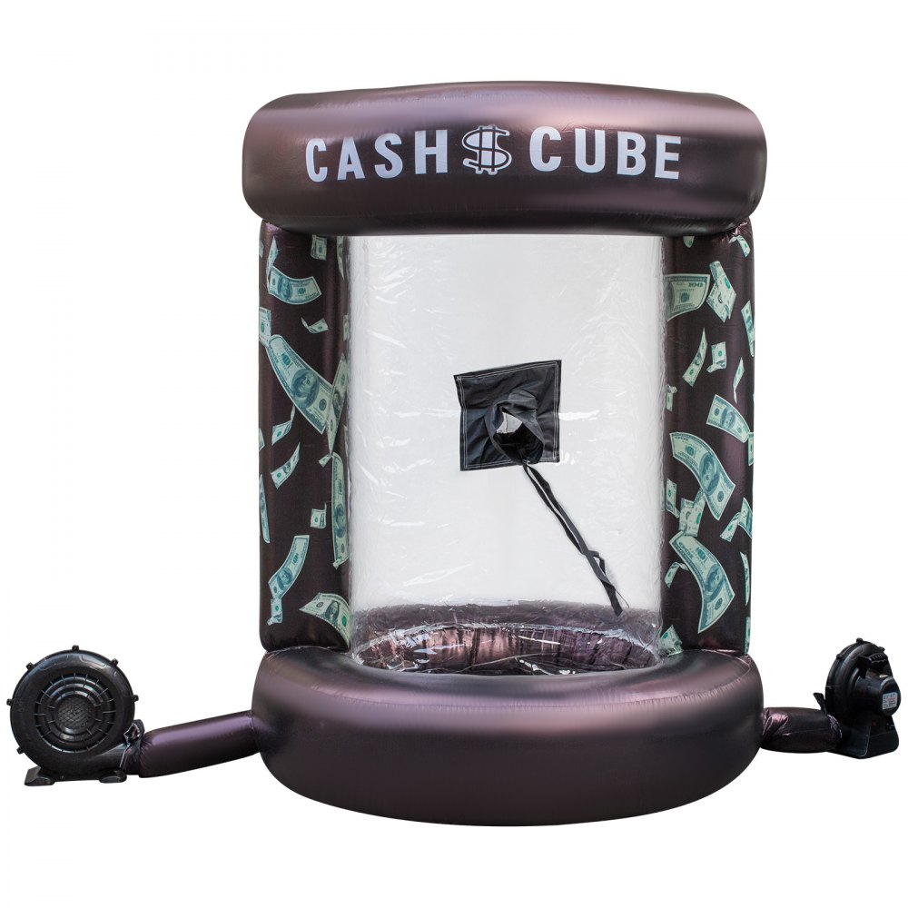 Cubo de dinero inflable VEVOR con patrón de billete de dólar y dos sopladores adjuntos.