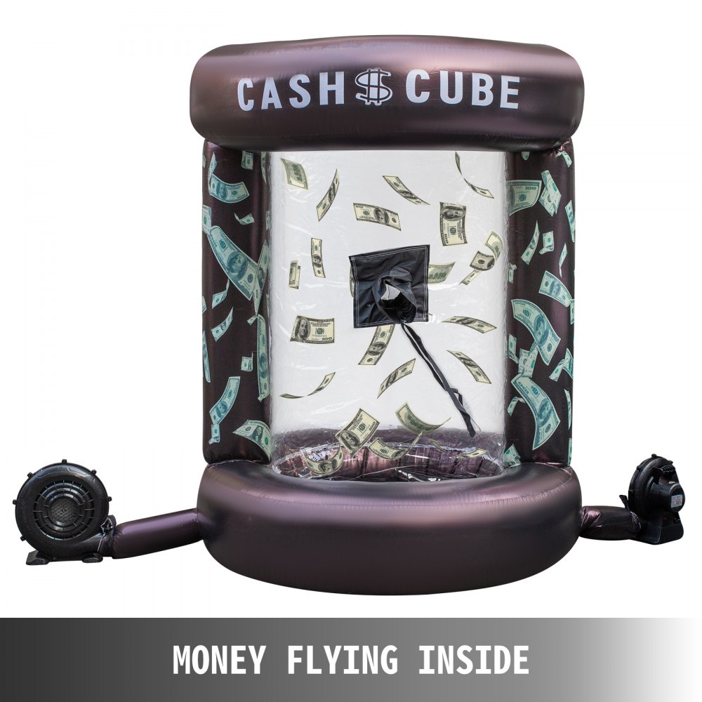Cubo de dinero inflable VEVOR con billetes de dólar volando en su interior.