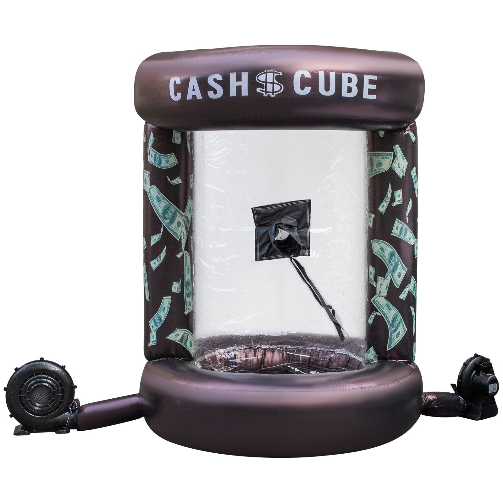 Cubo de dinero inflable VEVOR con patrón de billete de dólar y dos sopladores adjuntos.
