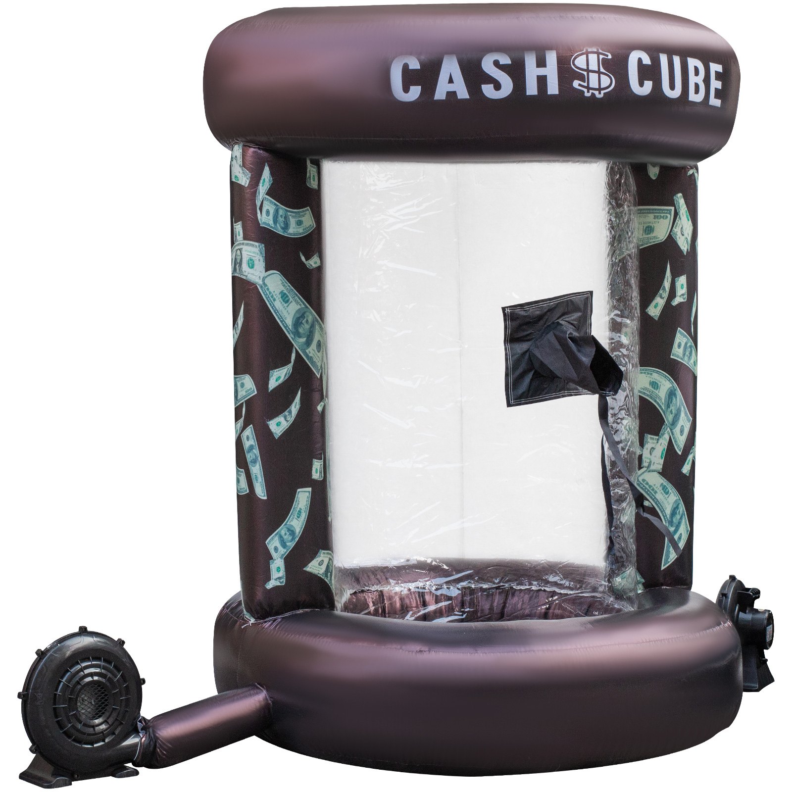 Cubo de dinero inflable VEVOR con gráficos de billetes de dólar y soplador.