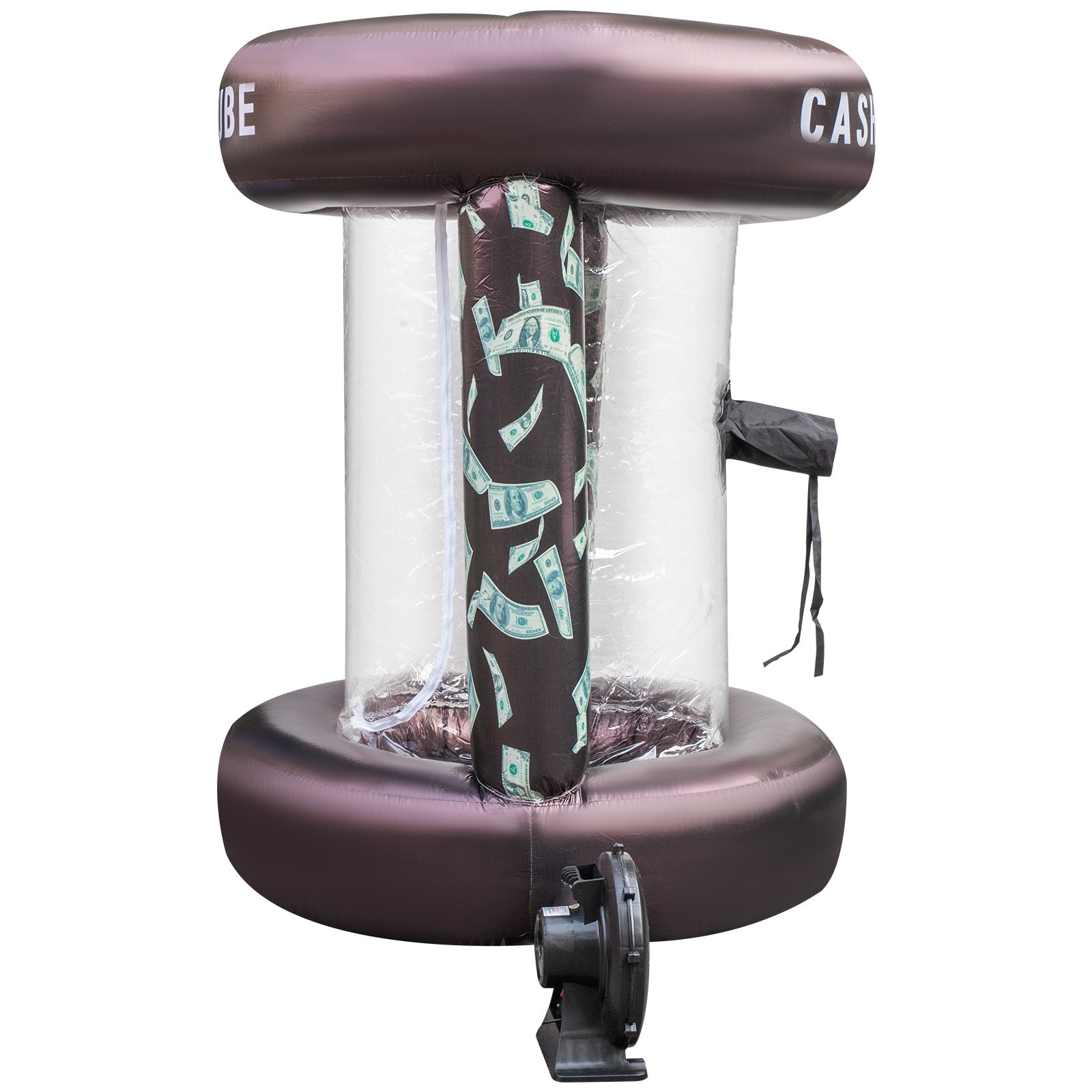 Cubo de dinero inflable VEVOR con diseños de dólares y soplador adjunto.