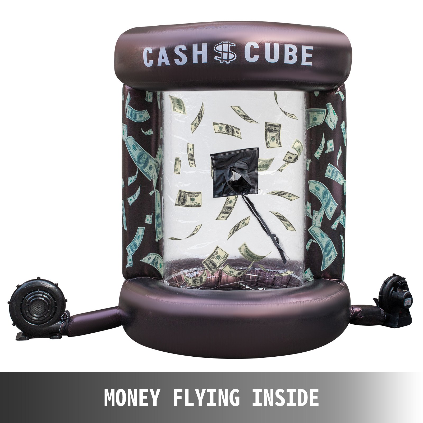 Cubo de dinero inflable VEVOR con billetes de dólar volando en su interior.