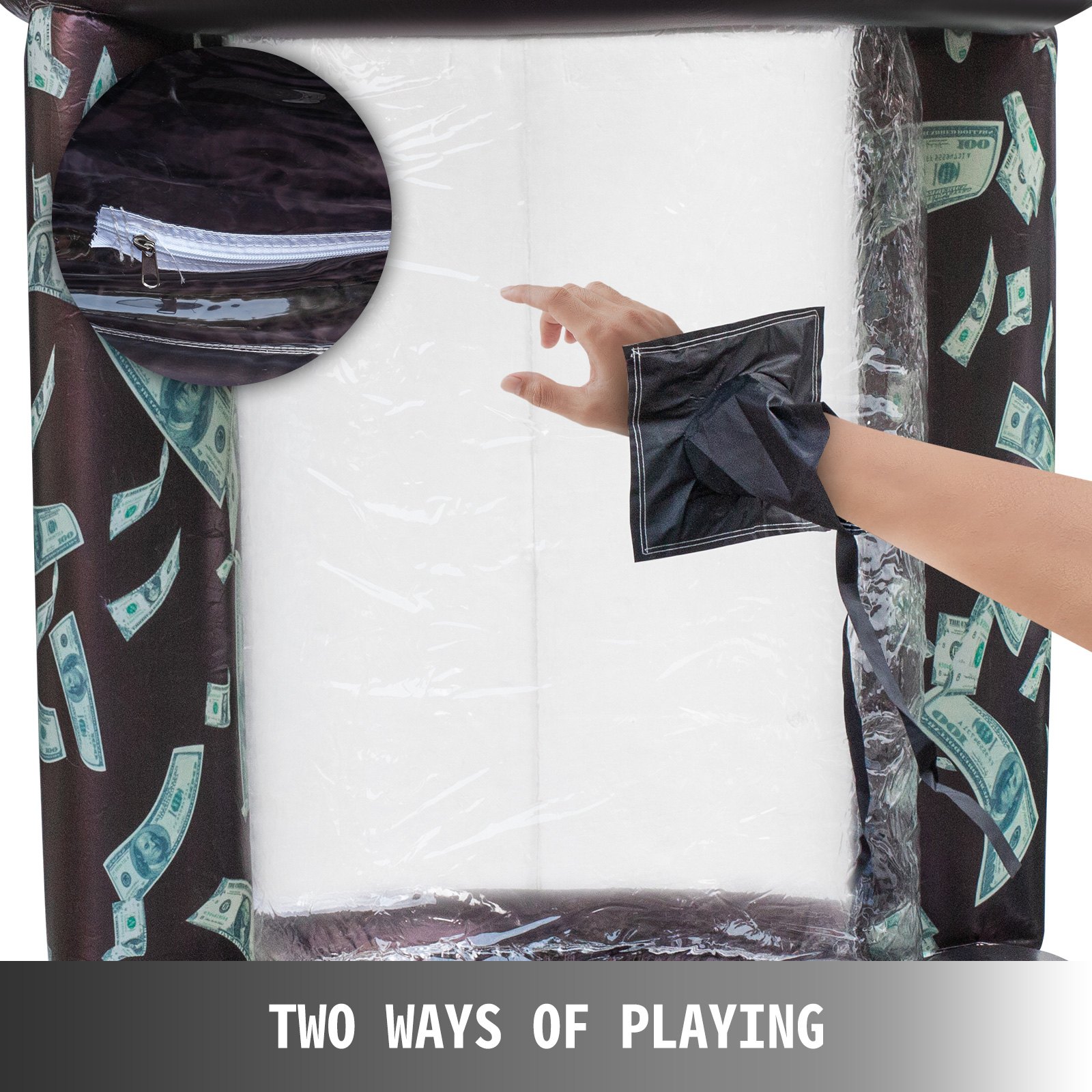 Cubo de efectivo inflable VEVOR con panel de acceso manual y detalle de cremallera. Dos formas de jugar.
